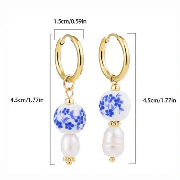 Anthropologie Porcelain Portofino Stainless Steel Pearl Earrings - Picture 4 of 10